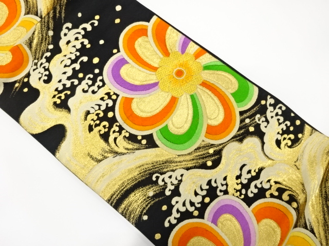 荒波に捻じり花模様織り出し　袋帯